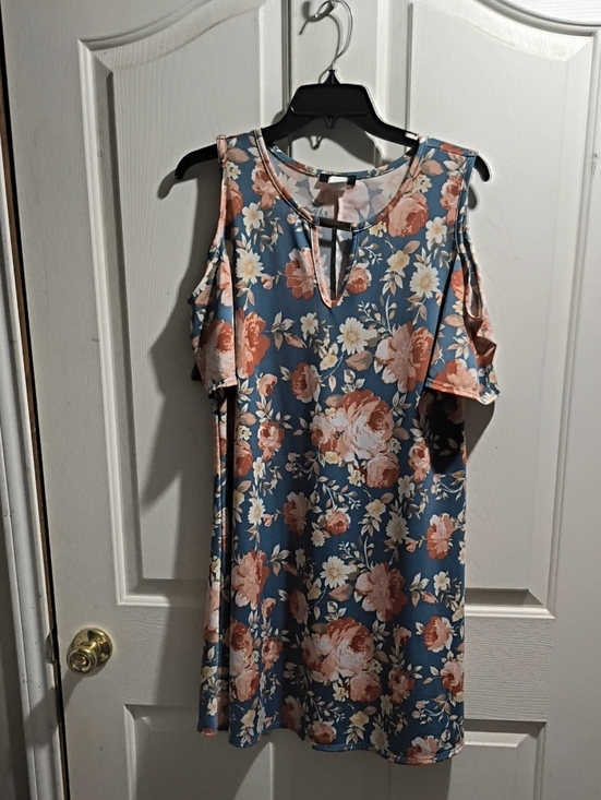 First Love Dresses & Skirts - First Love Blue Floral Cold-Shoulder Mini Dress with Peach Blooms